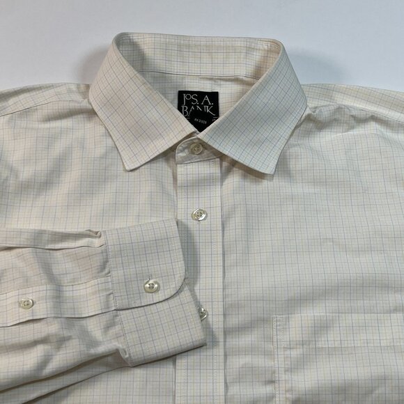 Jos A Bank Travelers Mens Button Up Shirt 17 - 33 Tailored Yellow Blue Check - Picture 1 of 5